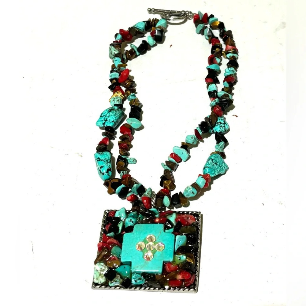 COPY - Southwest turquoise & coral gemstone cross pendant